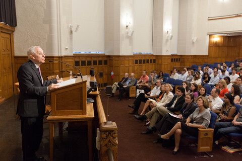 Former Dean Robert C. Post addresses an audience at YLS