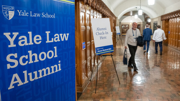 Yale Law School Alumni sign in hallway