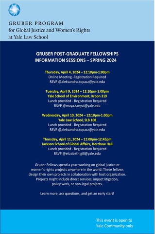 Poster advertising Gruber Center 2024 fellowship information sessions