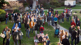 Alumni and their families gather in the YLS courtyard during Alumni Weekend