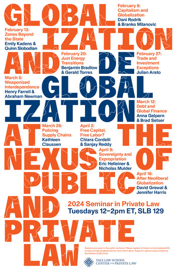 Poster promoting the 2023 seminar Globalization and De-Globalization at the Nexus of Public and Private Law